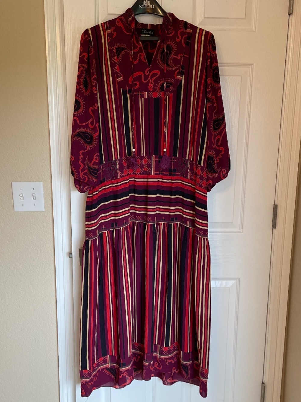 Vintage 80s Diane Freis Boho Midi Dress Mixed Print Striped Paisley